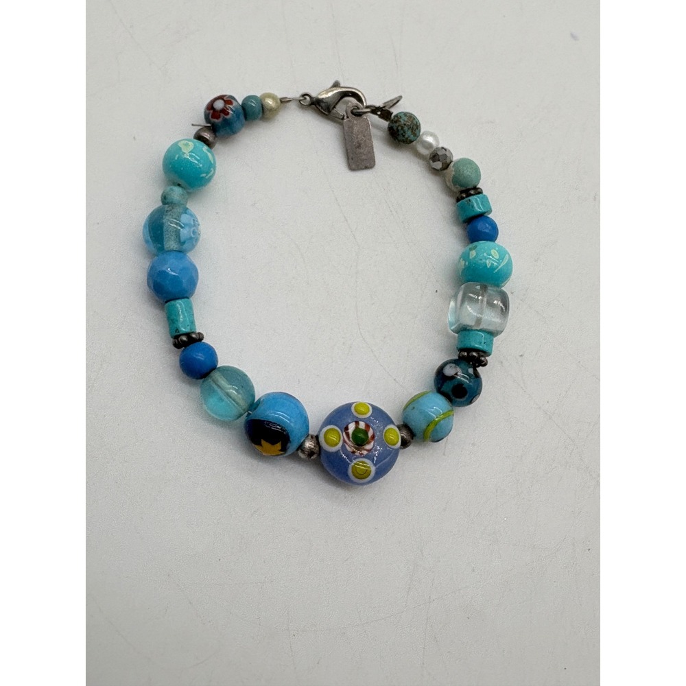 J Whitney Artisan Blue Lampwork Glass and Stone‎ Beaded Bracelet Bohemian 6 Inch